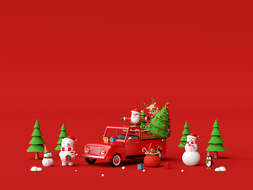 Merry Christmas and Happy New Year, Christmas celebration background with Christmas truck and Santa Claus , 3d rendering