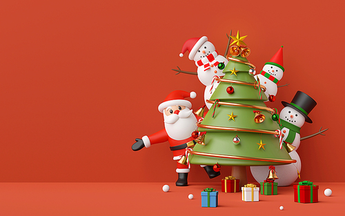 Merry Christmas and Happy New Year, Santa Claus and snowman in a Christmas party with Christmas tree, ornaments on red copy space background, 3d rendering