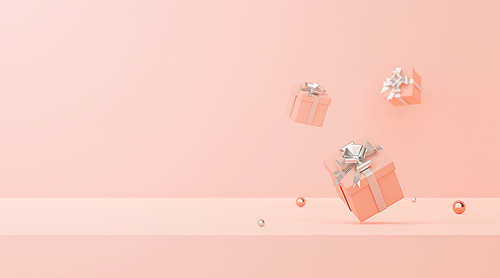 Minimal scene of pastel color gifts box with silver ribbon on a pink background with copy space, 3d rendering