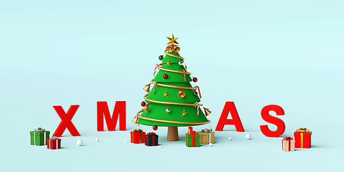 Merry Christmas and Happy New Year, Christmas tree with letters XMAS, 3d rendering