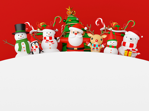 Merry Christmas and Happy New Year, Santa Claus and friends with copy space , 3d rendering