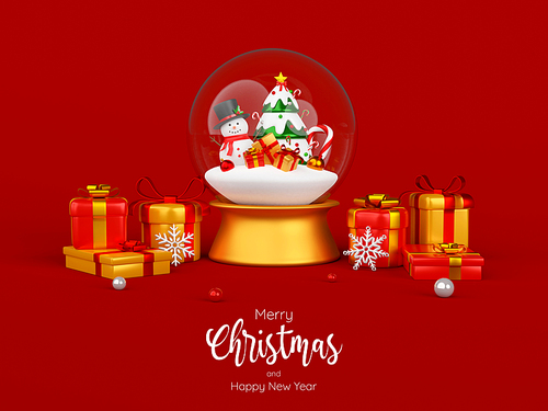 Snowman in snow globe with Christmas gift, 3d illustration