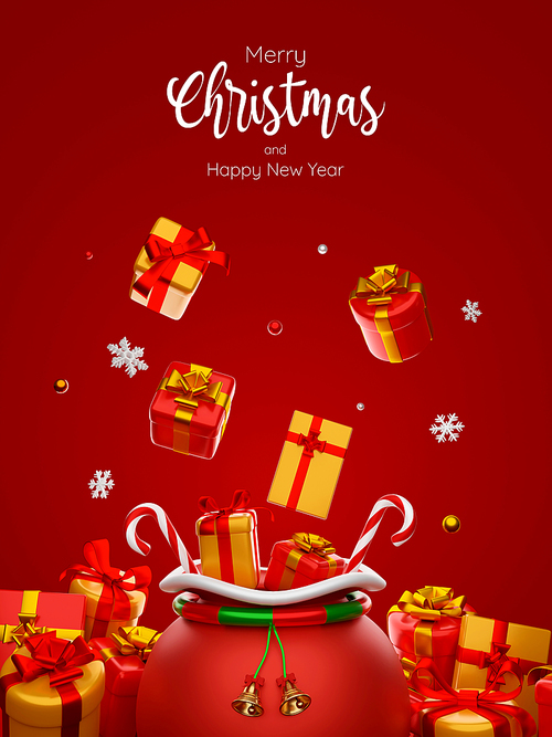 3d illustration postcard of Christmas bag among presents