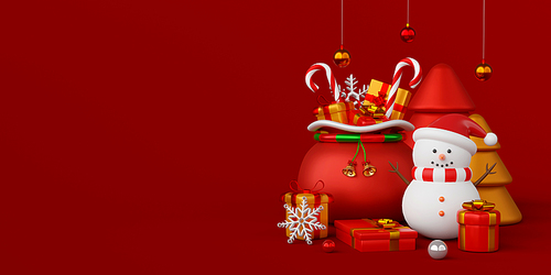 Christmas banner of snowman with Christmas bag and gifts, 3d illustration