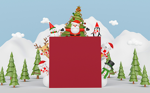 Merry Christmas and Happy New Year, Santa Claus and friend at the snow mountain with blank space, 3d rendering