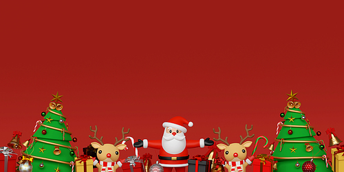 Merry Christmas and Happy New Year, Background of Santa Claus and reindeer with Christmas gifts, 3d rendering