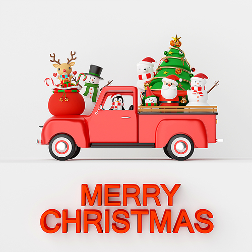 Merry Christmas and Happy New Year, Christmas celebration with Santa Claus and friends on Christmas truck, 3d rendering