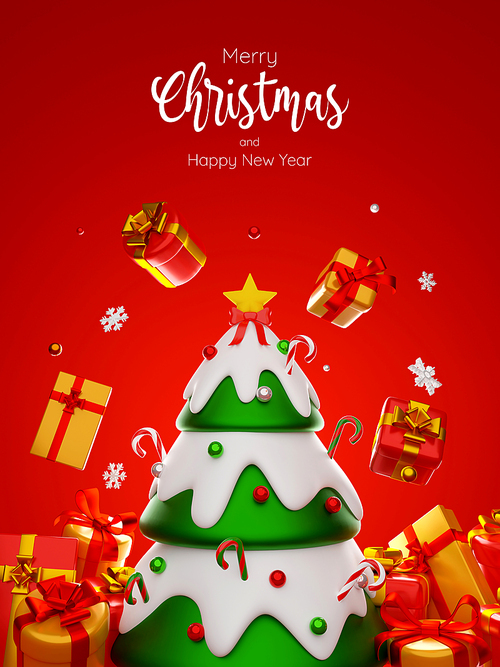 Postcard of Christmas tree surrounded by gift box, 3d illustration