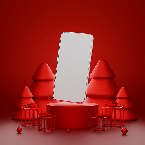 Christmas theme of smartphone on podium for shopping online advertisement, 3d illustration