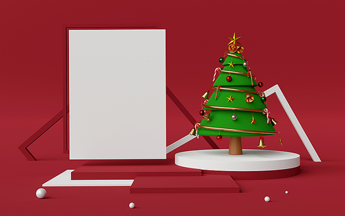 Merry Christmas and Happy New Year, Scene of Podium and copy space with Christmas tree, 3d rendering