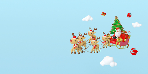 Scene of Santa Claus on a sleigh full of Christmas gifts and pulled by reindeer, 3d rendering