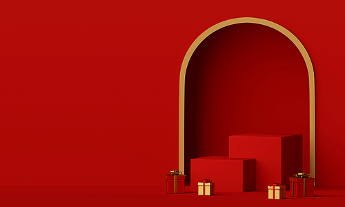 Merry Christmas and Happy New Year, Scene of red podium and Christmas gift with copy space, 3d rendering