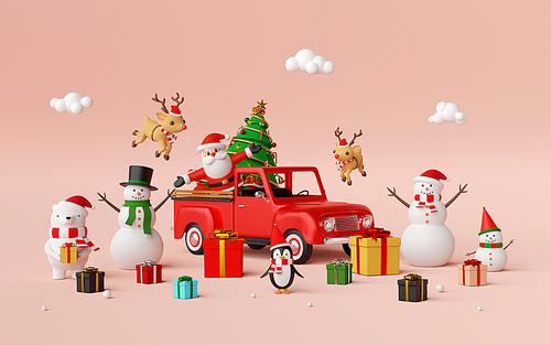 Merry Christmas and Happy New Year, Scene of Christmas celebration with Santa Claus and friends, 3d rendering