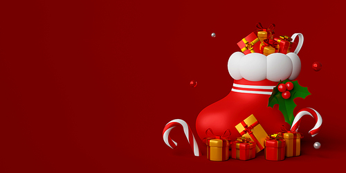 Christmas banner of Christmas sock with gift, 3d illustration