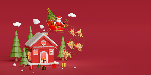 Merry Christmas and Happy New Year, Banner of Red house in the pine forest with Christmas gifts given by Santa Claus, 3d rendering