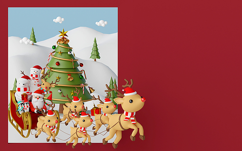 Merry Christmas and Happy New Year, Santa Claus and friend in a sleigh pulled by reindeer, 3d rendering