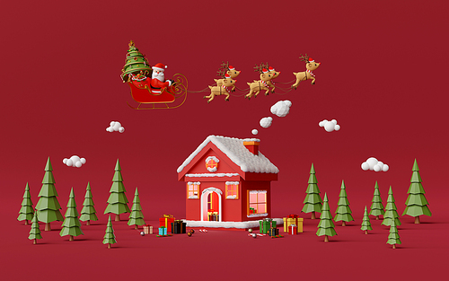 Merry Christmas and Happy New Year, Red house in the pine forest with Santa Claus, 3d rendering