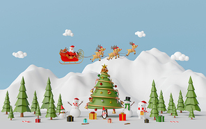 Merry Christmas and Happy New Year, Scene of Christmas celebration with Santa Claus and friend at the snow mountain, 3d rendering