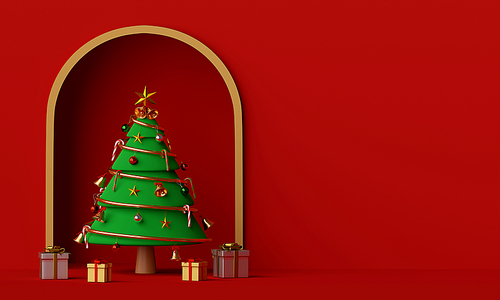 Merry Christmas and Happy New Year, Scene of Christmas tree and gift with copy space, 3d rendering