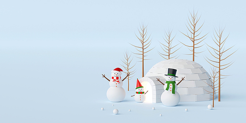 Merry Christmas and Happy New Year, Christmas banner with snowman and igloo, 3d rendering