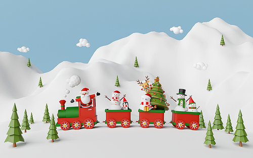 Merry Christmas and Happy New Year, Scene of Christmas train with Santa Claus and friend at the snow mountain, 3d rendering