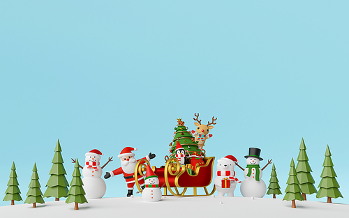 Merry Christmas and Happy New Year, Santa Claus and friends with sleigh full of gifts in pine forest, 3d rendering