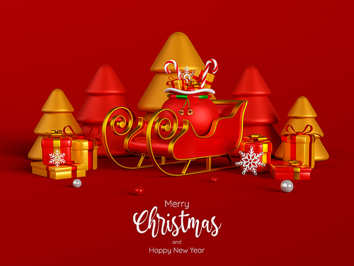 Sleigh and Christmas gifts with Xmas tree on a red background, 3d illustration