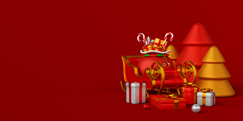 Christmas banner of sleigh with Christmas gift, 3d illustration