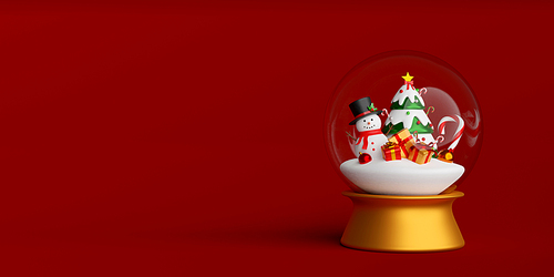 Snowman and Christmas gift and tree in Christmas globe, 3d illustration