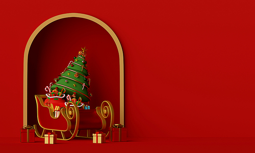 Merry Christmas and Happy New Year, Santa Claus sleigh with Christmas tree full of gift box, 3d rendering