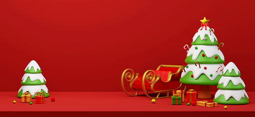 Christmas banner postcard scene of Christmas tree with sleigh and presents, 3d illustration