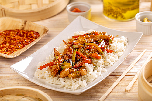 Typical Chinese dish, fresh chicken stir fried with vegetables