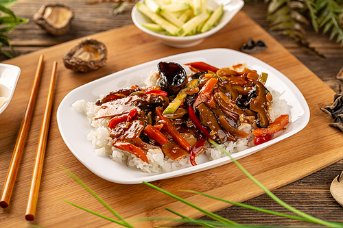 Plate of rice with vegetables. Vegetarian Chinese food