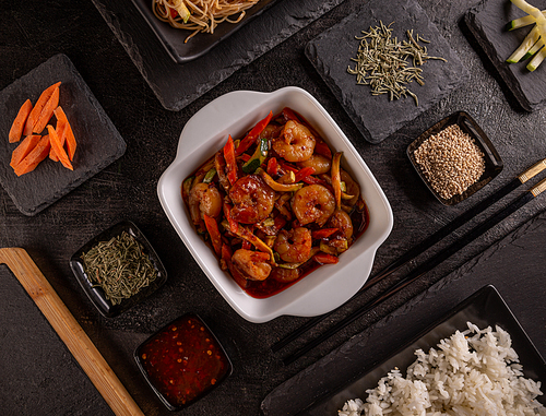 Vegetable stir-fry dishes with shrimps. Chinese style cuisine