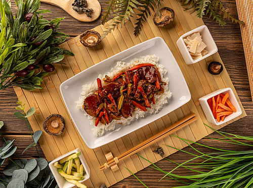 Pork tongue dish with steam rice, Chinese style food, flat lay, top view