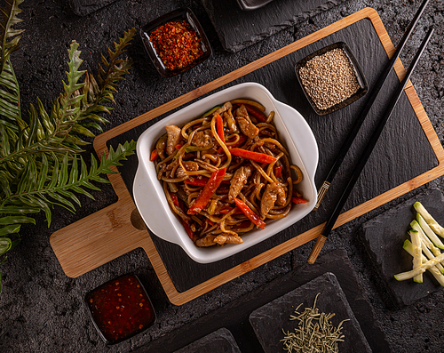 Chow mein menu, pasta with vegetables and chicken stripes