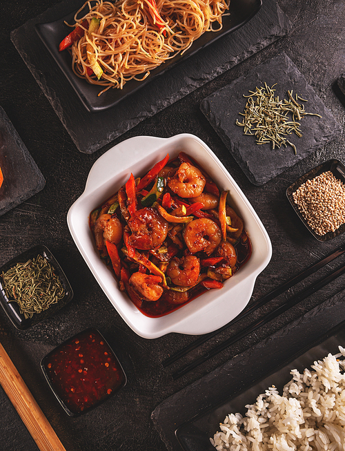 Delicious bowl of shrimp and vegetables, top view, Chinese style cuisine