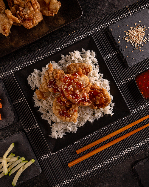 Hot crispy prawn served with boiled rice, Chinese style food