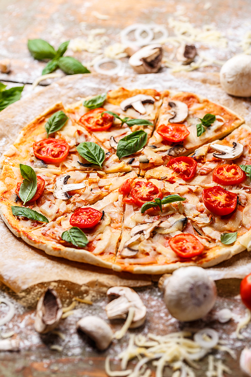 Fresh Italian pizza with mushrooms tomatoes and cheese,close up