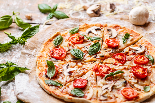 Tasty pizza with tomatoes and mushrooms, close up