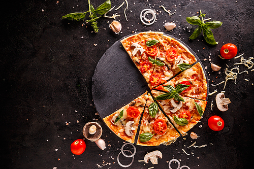 Fresh Italian pizza with mushrooms tomatoes and cheese, space for your text