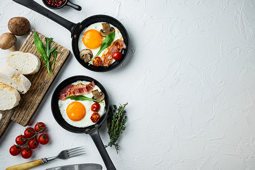 Scrambled eggs in frying pan with pork lard, bread and green feather in cast iron frying pan, on white background, top view flat lay , with space for text copyspace