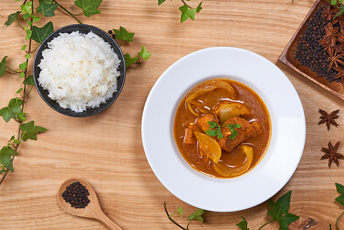 Chicken curry in a bowl / Vietnam chicken curry on wooden background