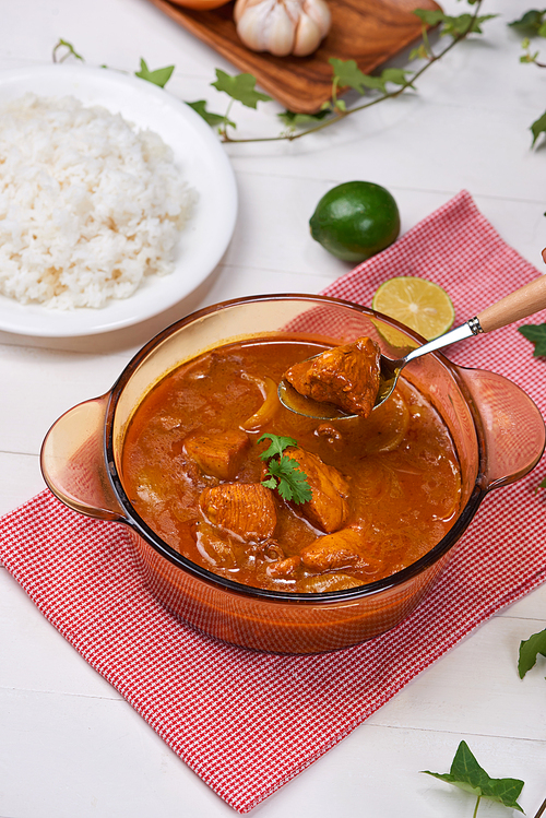 Homemade delicious chicken curry with coconut milk and spies