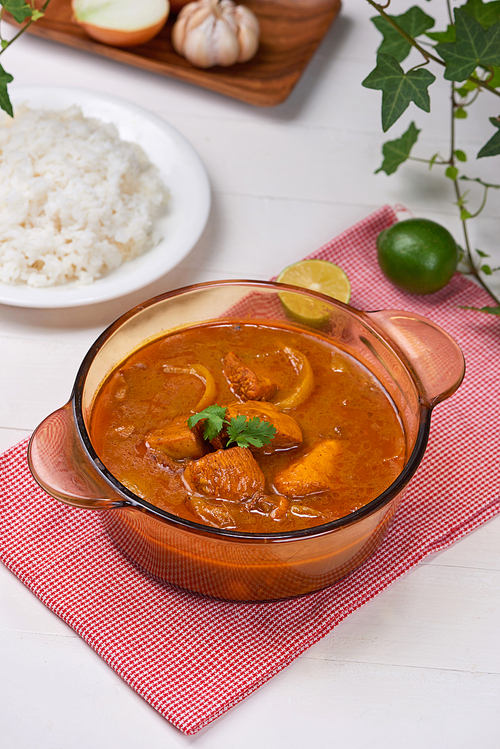 Homemade delicious chicken curry with coconut milk and spies