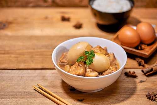 Braised three layer pork with seasoned boiled egg.