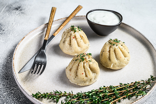 Asian Steamed Dumplings Manti with mince meat on a plate. White background. Top view.