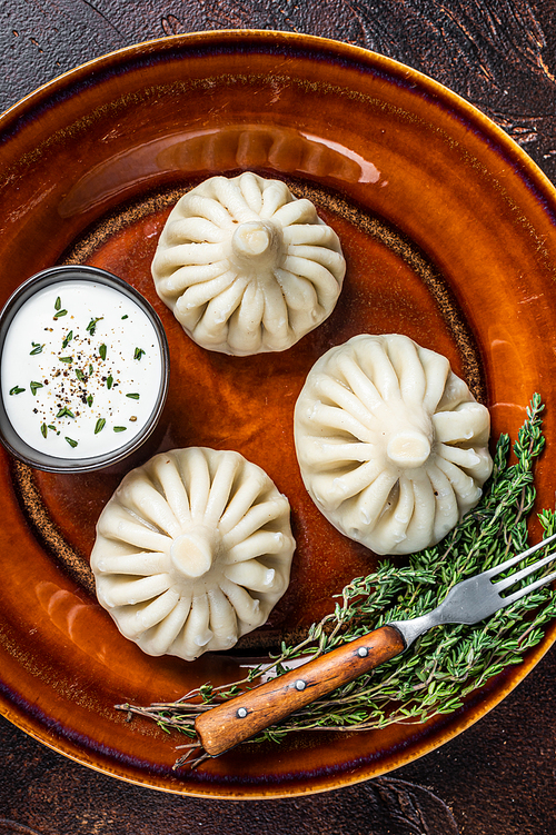 Khinkali Dumplings with beef and lamb meat on rustic plate with herbs. Dark background. Top view.