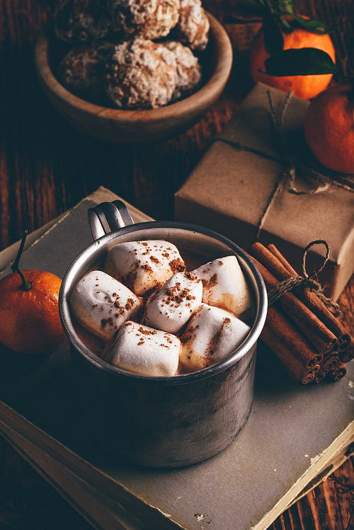 Rustic metal mug of hot chocolate with marshmallows. Tangerines, cinnamon sticks bunch and gingerbread.
