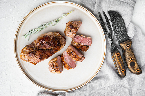 Delicious sliced roast duck breast set, on plate, on white stone  background, top view flat lay